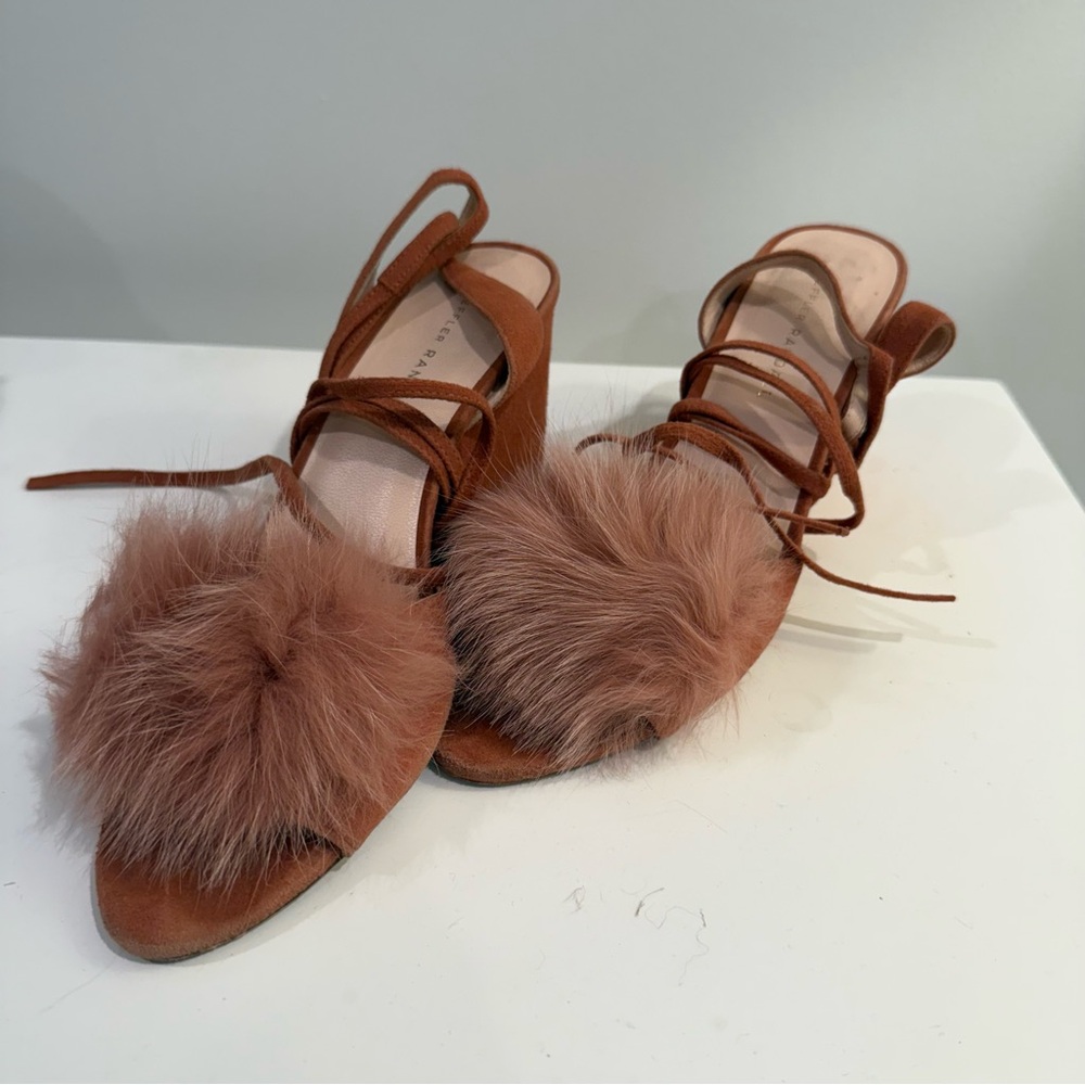 Loeffler Randall Fur Pom Pom Lace Up Block Heel